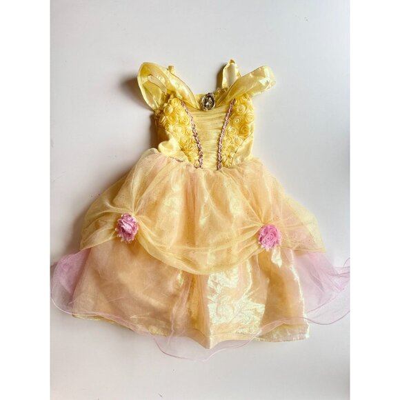 Girls' DISNEY Belle Yellow Glitter Satin Tulle Rosette Dress Costume, Size 4 - Picture 1 of 14
